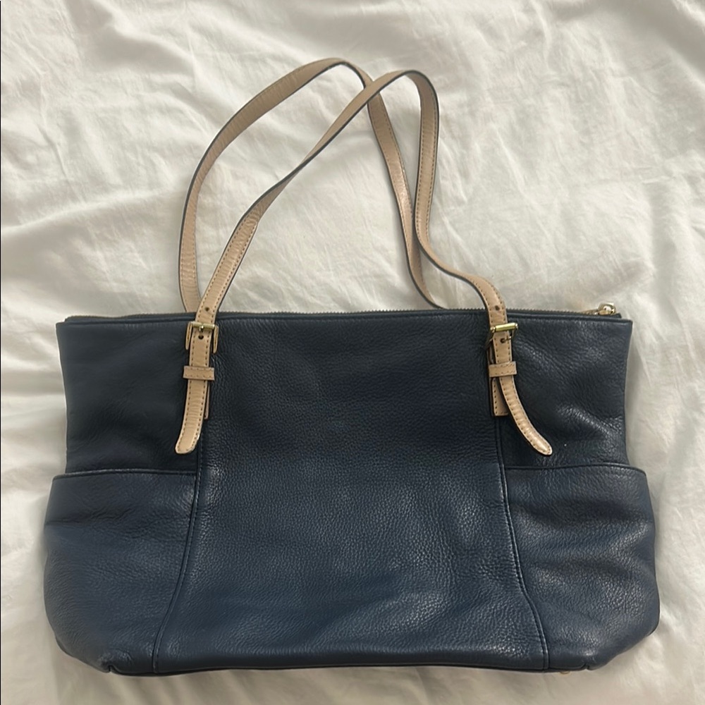 Michael Kors Blue and Tan Leather Tote Bag with Slouchy Design